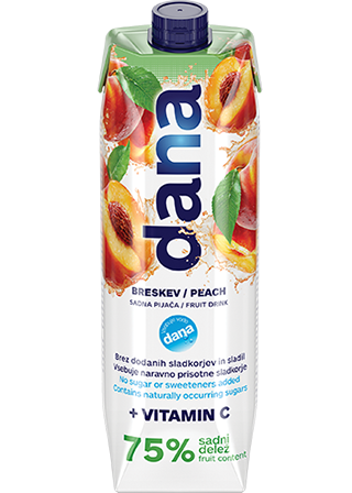 Dana pijača brez dodanega sladkorja in sladil. Okus: breskev + vitamin C. s.d.: 75 %