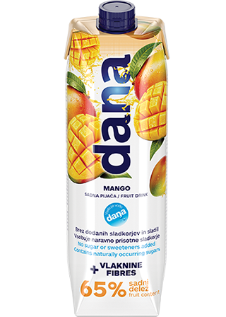 Dana pijača brez dodanega sladkorja in sladil. Okus: mango + vitamin C + prehranska vlaknina. s.d.: 65 %