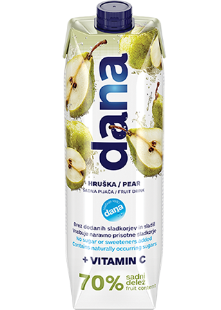 Dana pijača brez dodanega sladkorja in sladil. Okus: hruška + vitamin C. s.d.: 70 %