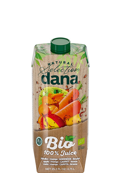 DANA ORGANIC 100% juice, apple, mango, carrot, lemon